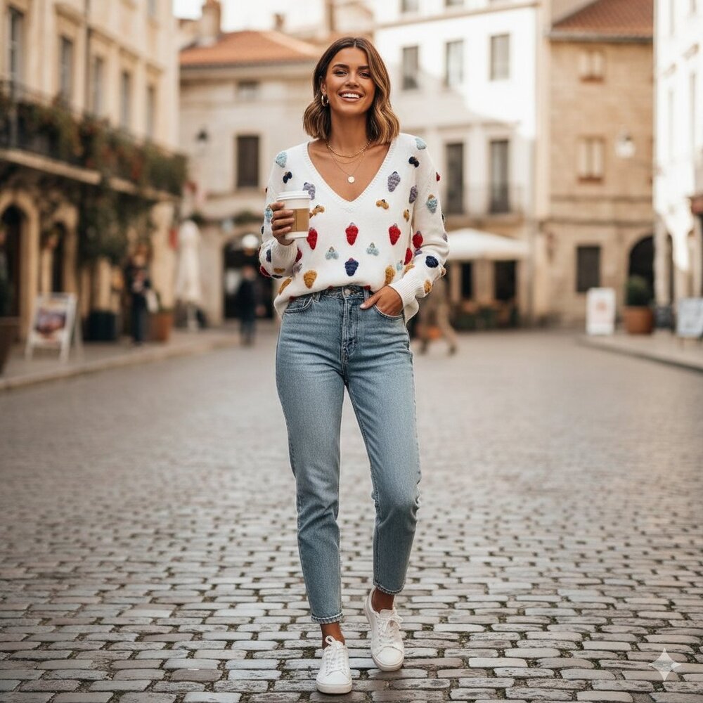 Zara White V-Neck Sweater with Colorful Patterns